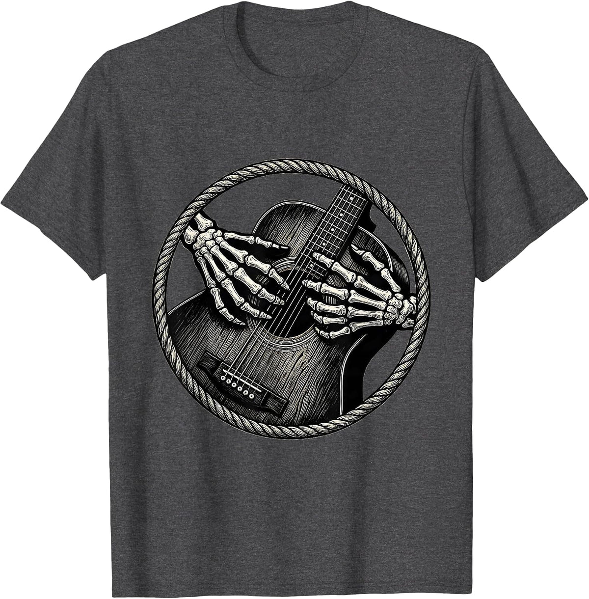 Skeleton Hands Strumming Acoustic Guitar T-Shirt - Dark Heather Grey