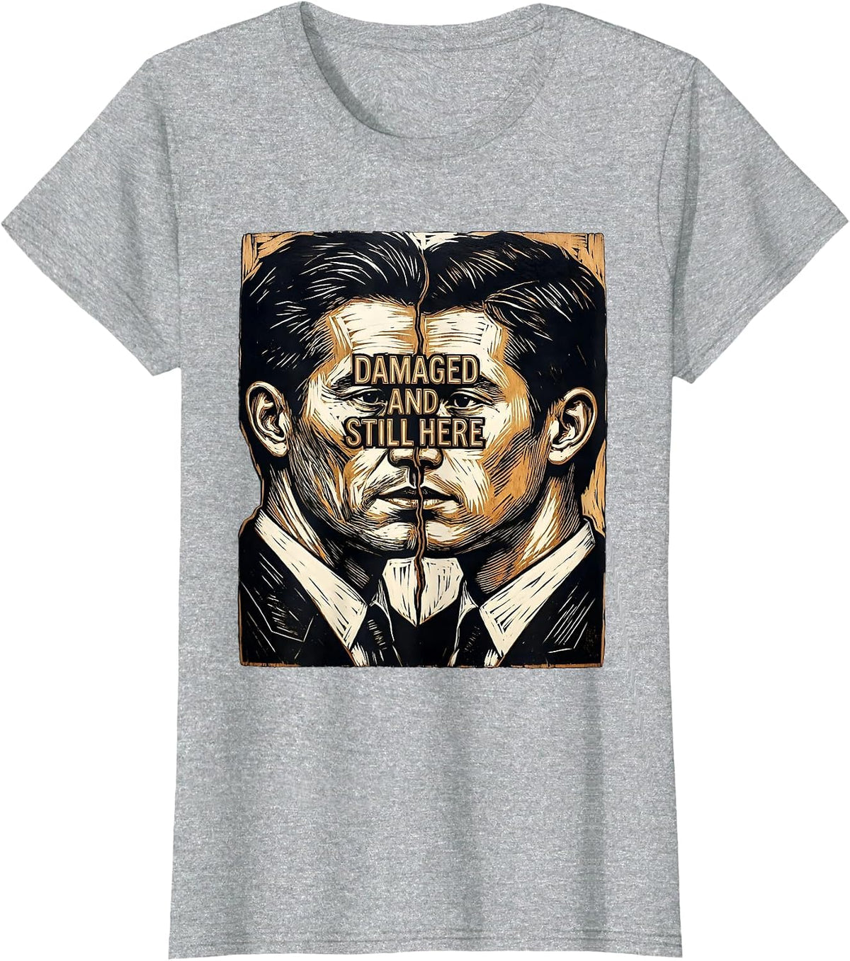 Women's Damaged And Still Here Linocut Mental Health Awareness T-Shirt - Heather Grey