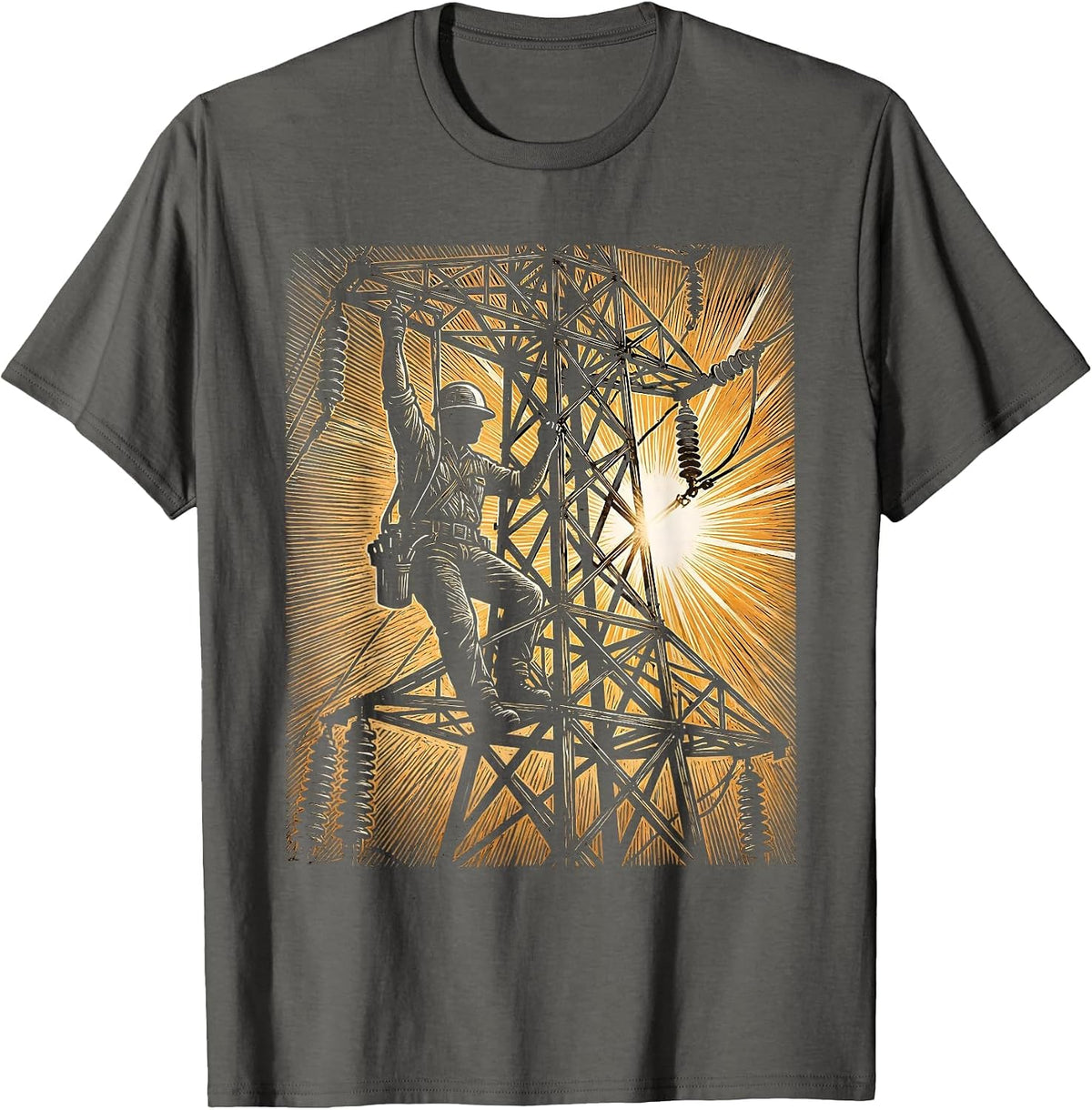 Lineman Electrical Tower Sunrise Labor Day Graphic T-Shirt - Asphalt Grey