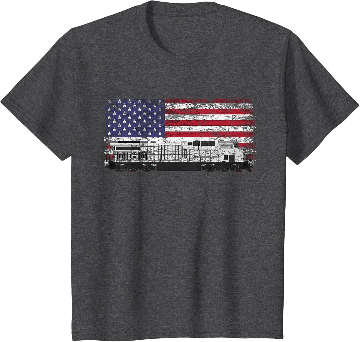 Train Railroad American Flag T Shirt T-Shirt - Dark Heather Grey