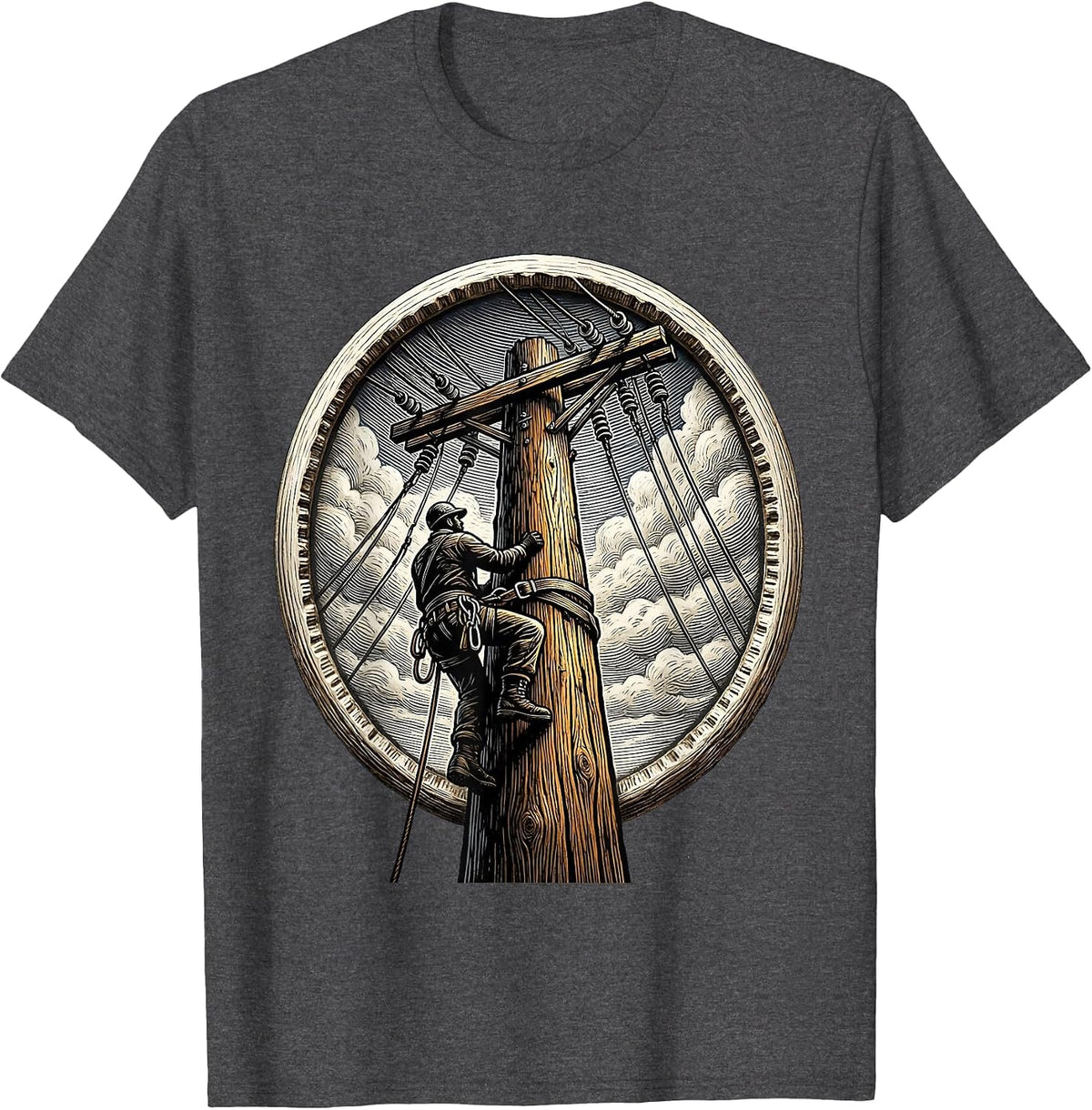 Lineman Climbing Utility Pole Graphic Tee T-Shirt - Dark Heather Grey