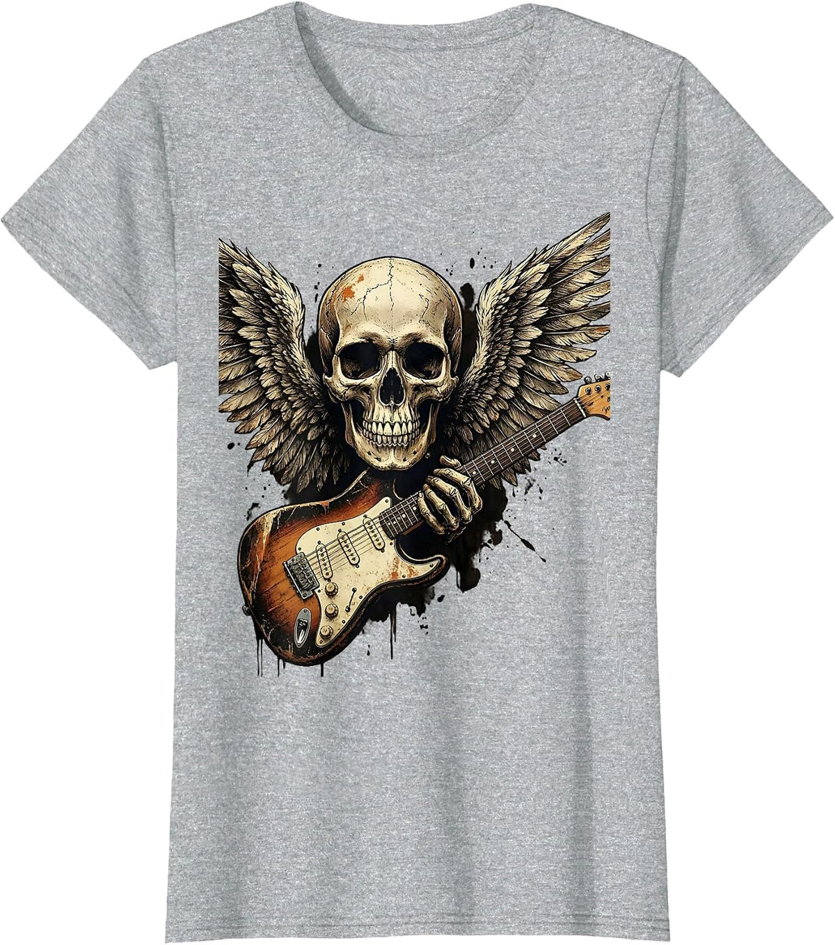 Winged Skull Flying V Guitar Rock and Roll Graphic T-Shirt - Heather Grey