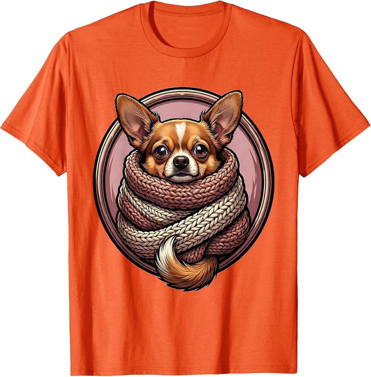 Men's Cozy Chihuahua Bundled in Oversized Knit Scarf T-Shirt - Orange
