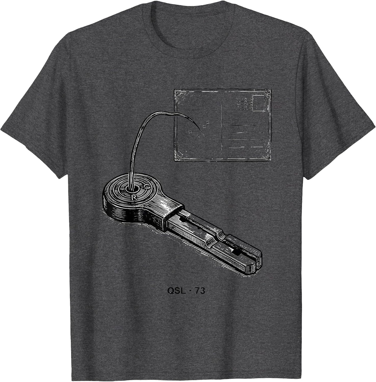 QSL · 73 Line Art Ham Radio Operator Hobbyist Gift T-Shirt - Dark Heather Grey