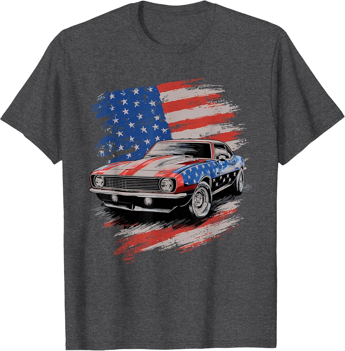 Classic Muscle Car American Flag T-Shirt - Dark Heather Grey