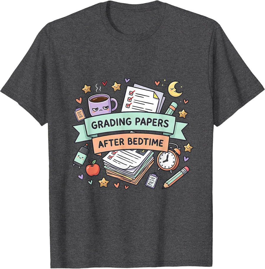 Men's Grading Papers After Bedtime 4th Grade Teacher T-Shirt - Dark Heather Grey