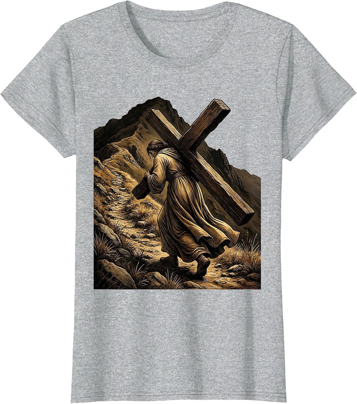 Woman Carrying Cross Up Hillside Christian Art T-Shirt - Heather Grey