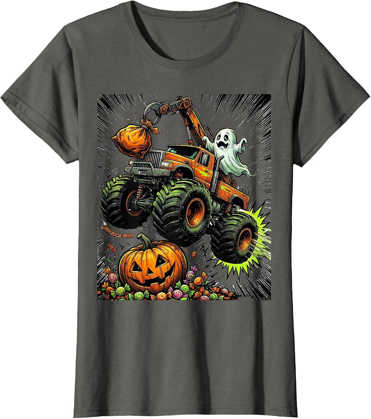 Women's Candy Rescue Driver Comic Book Monster Truck Halloween T-Shirt - Asphalt Grey