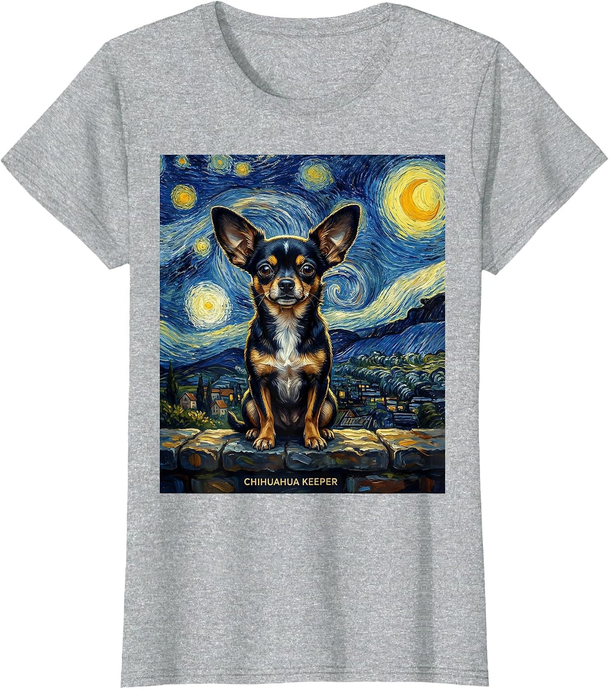 Chihuahua Keeper Van Gogh Style Starry Night Dog Breed T-Shirt - Heather Grey
