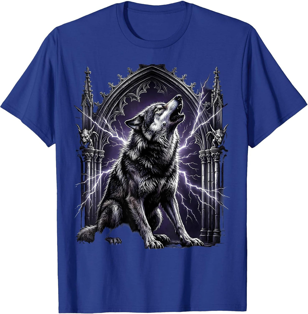 80s Rock Wolf Electric Sparks Howling Graphic T-Shirt - Royal Blue