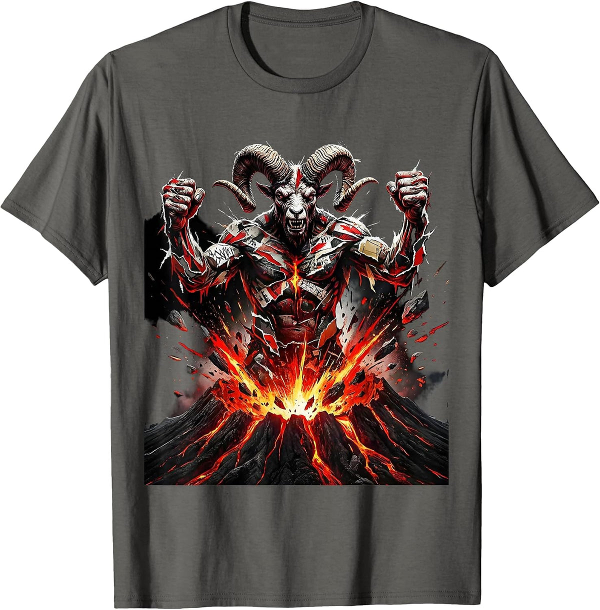 Giant Horned Volcano Demon Metal Graphic T-Shirt - Asphalt Grey