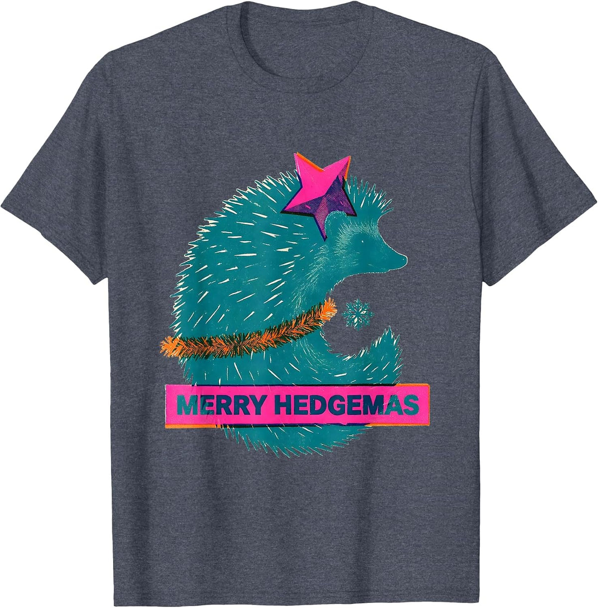 Merry Hedgemas Risograph Hedgehog Christmas Star Humor Gift T-Shirt - Heather Blue