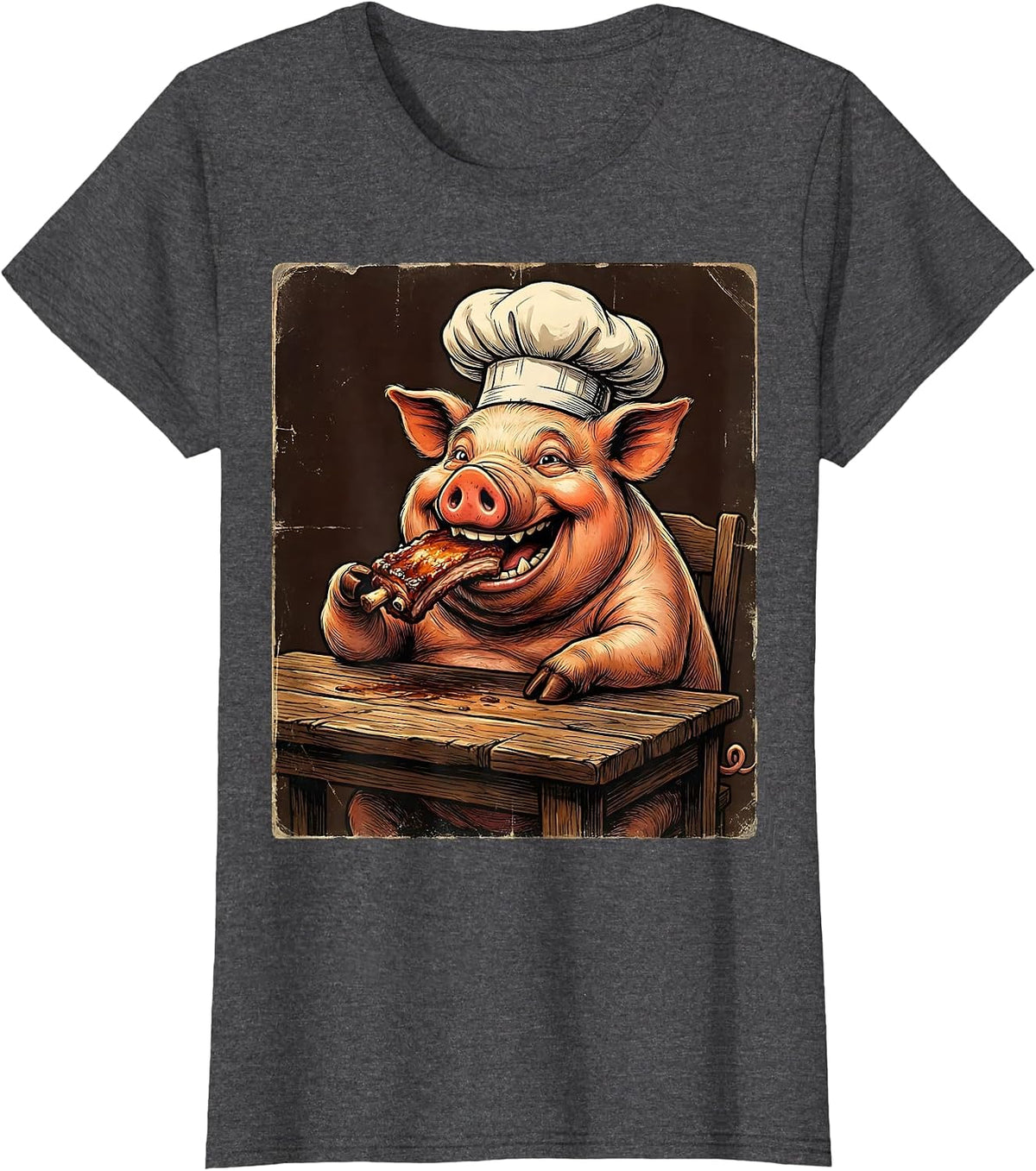 Women's Funny Pig Chef Eating Ribs BBQ Humor Graphic T-Shirt - Dark Heather Grey