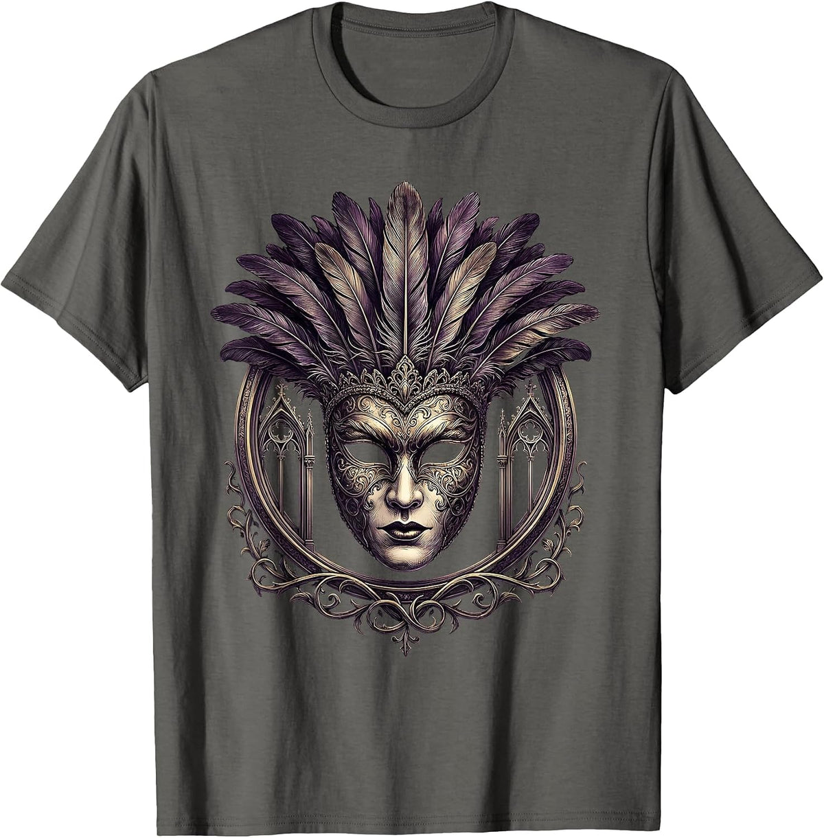 Mardi Gras Masked Beauty Feathered Headdress T-Shirt - Asphalt Grey
