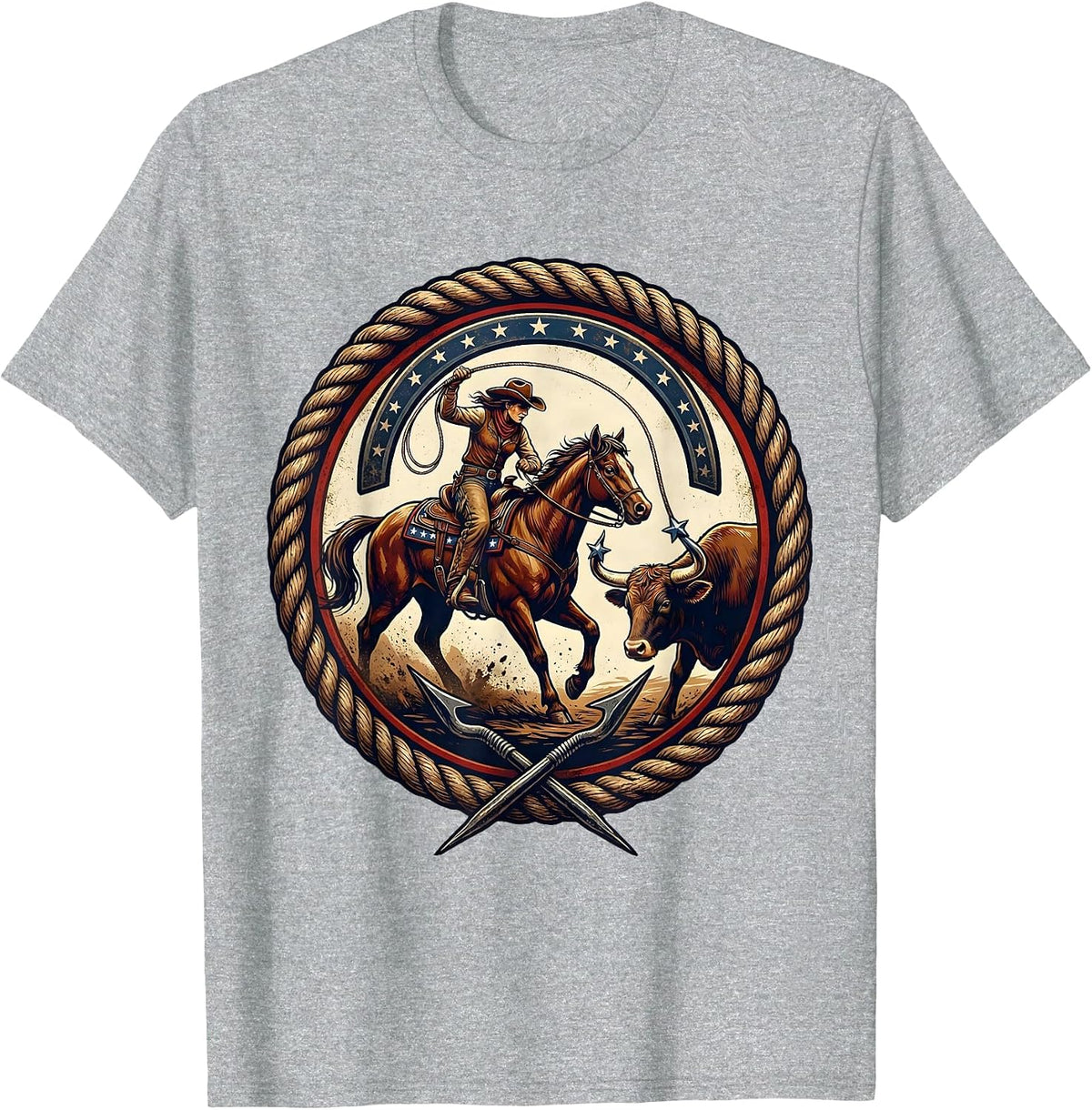 Men's Cowgirl Roping Steer Rodeo Graphic Design T-Shirt - Heather Grey