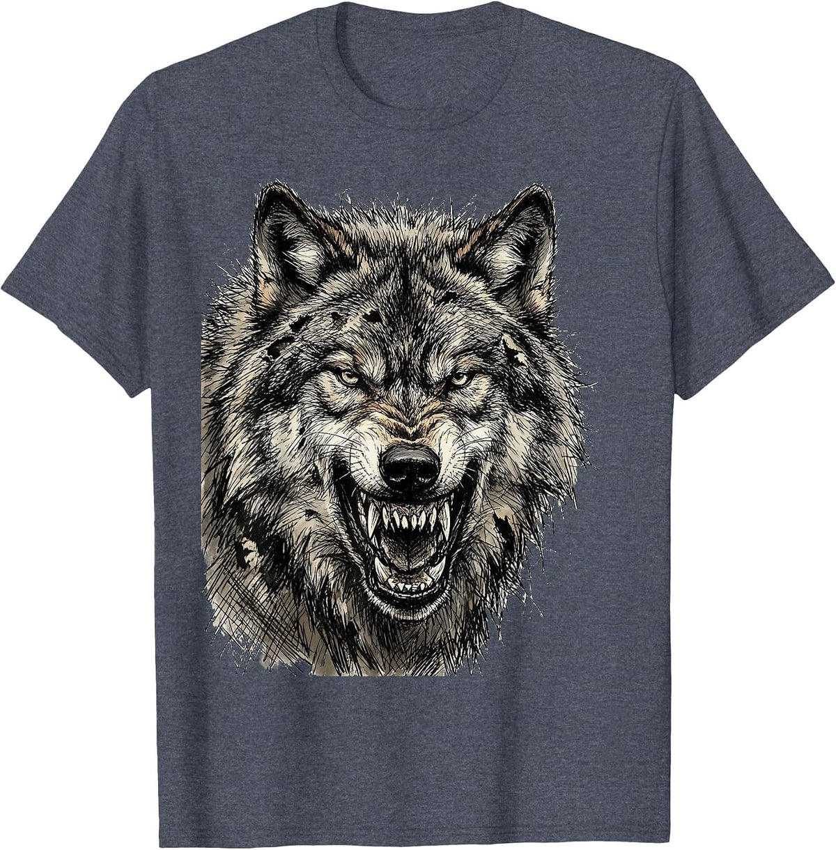 Grunge Snarling Wolf Head Graphic Design T-Shirt - Heather Blue