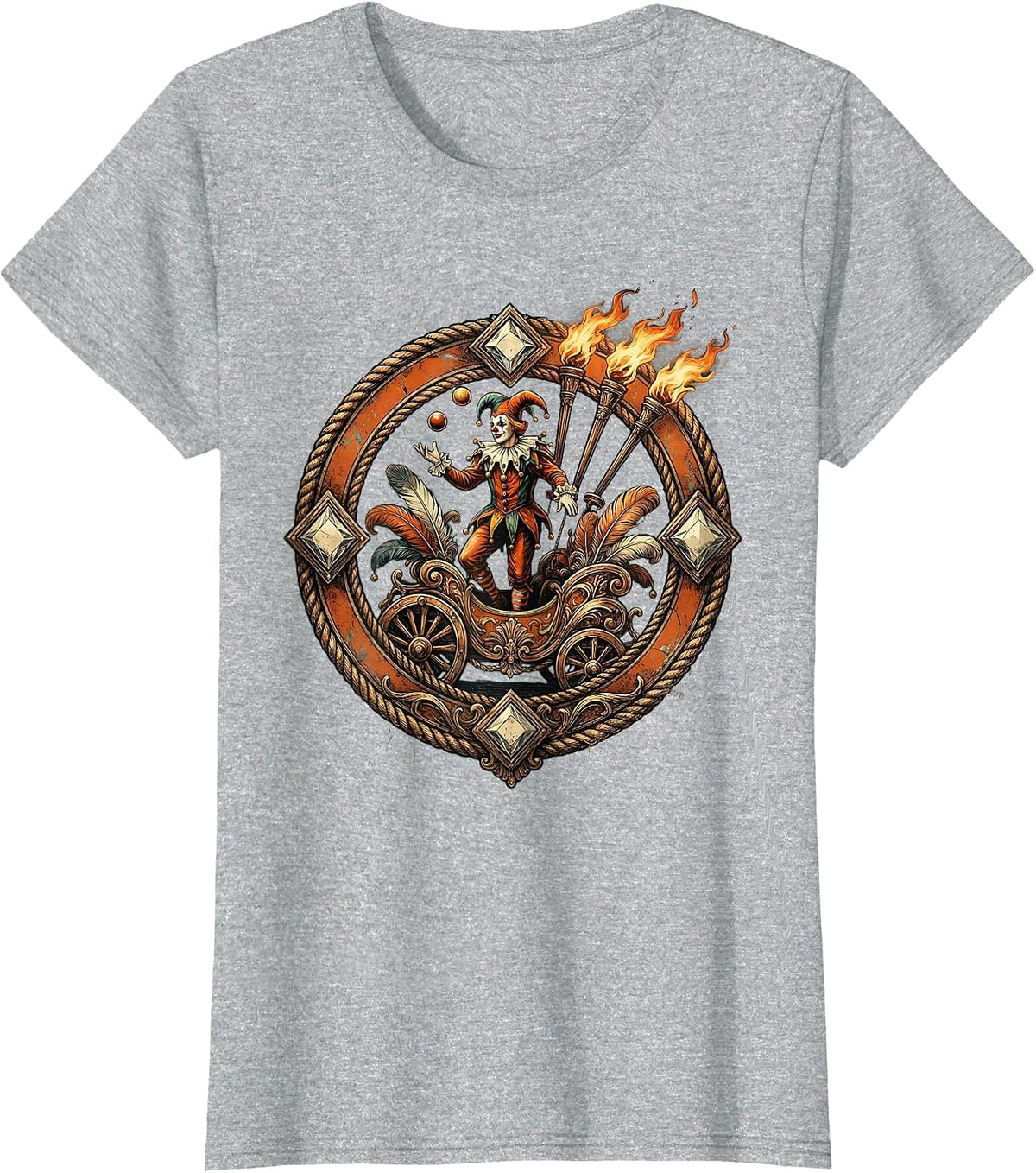 Women's Mardi Gras Jester Juggling Flaming Torches Float T-Shirt - Heather Grey