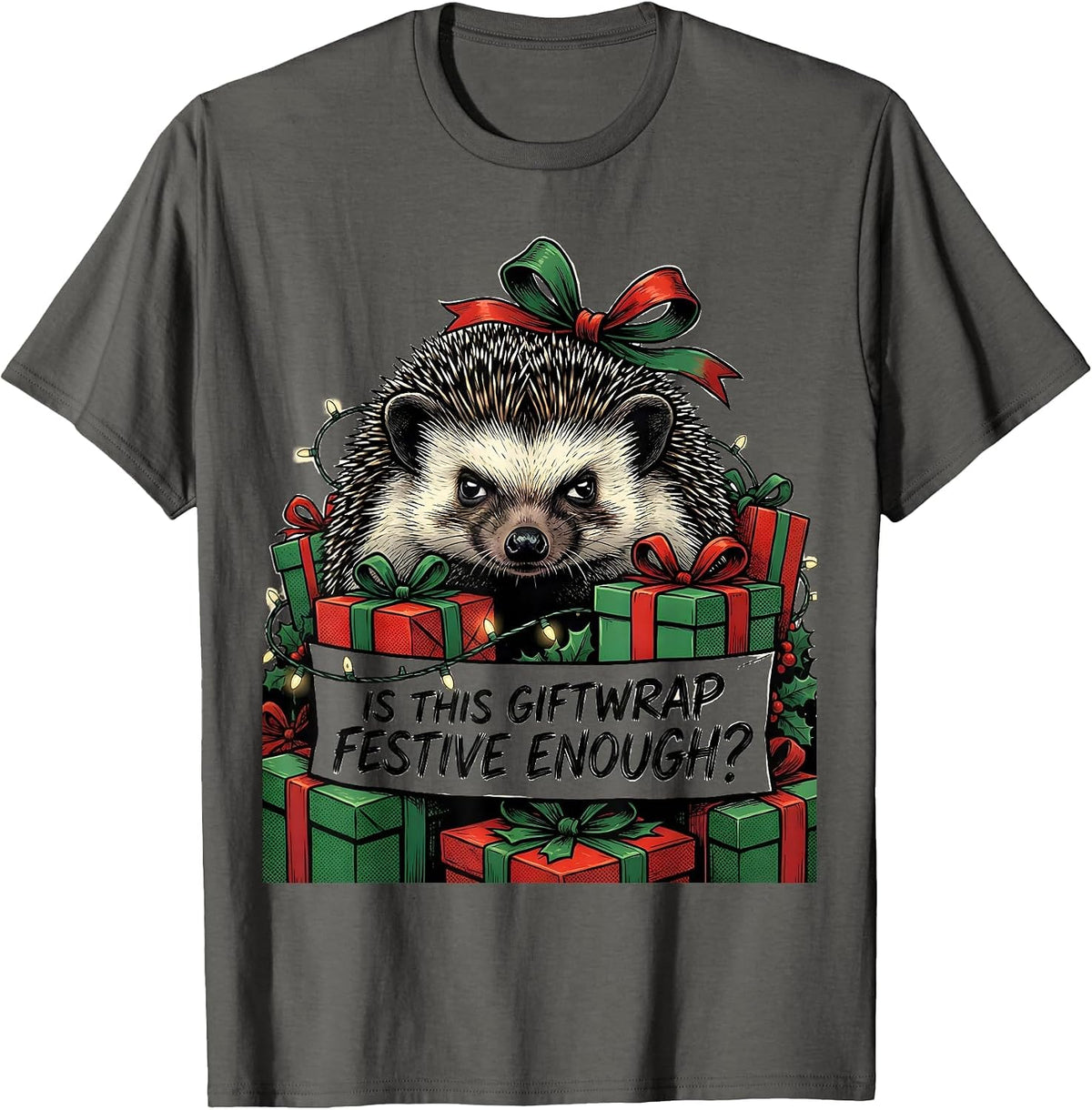 Men's Is This Giftwrap Festive Enough Comic Book Grumpy Hedgehog T-Shirt - Asphalt Grey