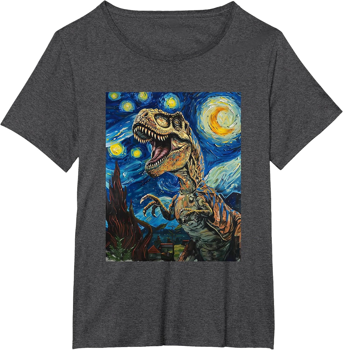 Trex Dinosaur Dino Van Gogh Style Starry Night Graphic T-Shirt - Dark Heather Grey