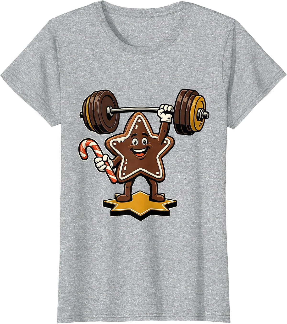 Women's Iced Star-Cookie Grinning Gym Mascot Retro Christmas T-Shirt - Heather Grey