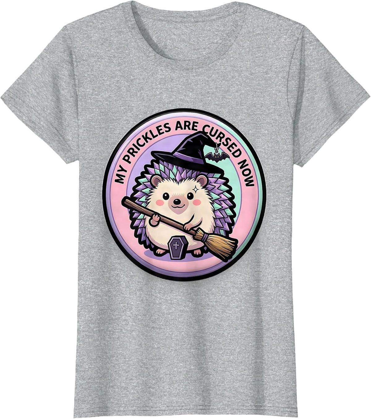 Women's My Prickles Are Cursed Now Pastel Goth Kawaii Hedgehog Witch T-Shirt - Heather Grey