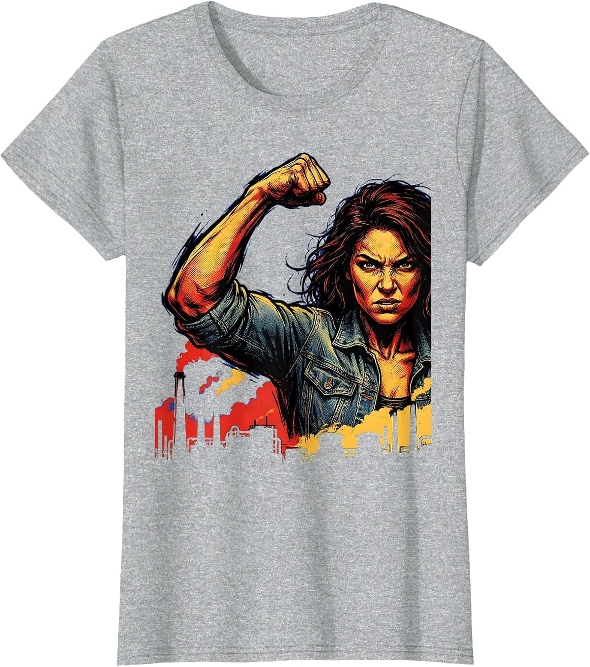 Rosie the Riveter Flexing Over Industrial Skyline T-Shirt - Heather Grey