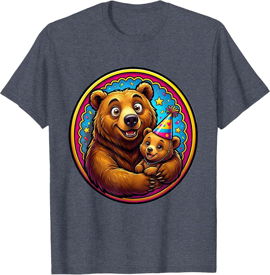 Mom of the Birthday Girl Bear Cub Graphic T-Shirt - Heather Blue