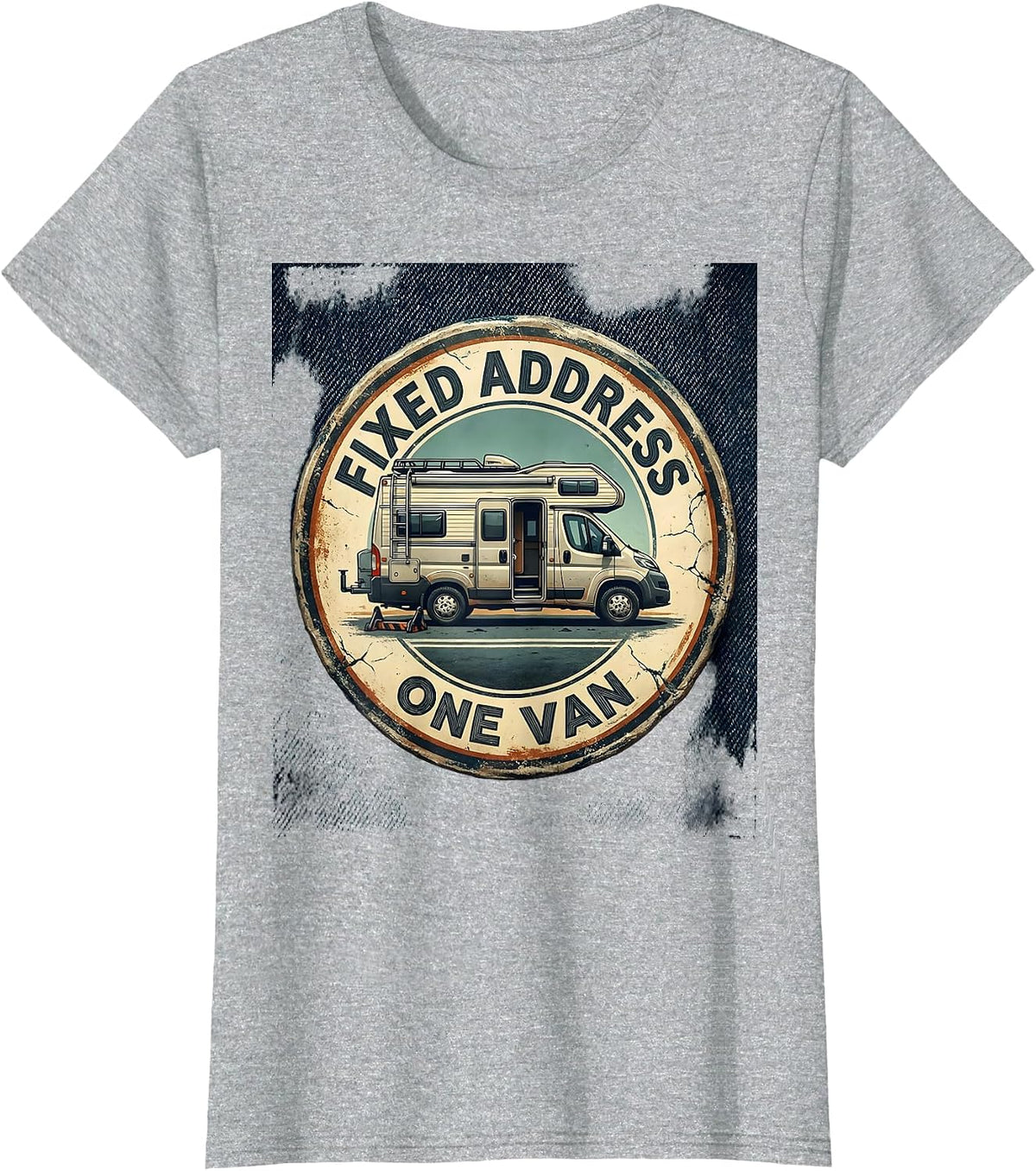 Women's Fixed Address One Van Distressed Van Life Nomad Road Trip T-Shirt - Heather Grey