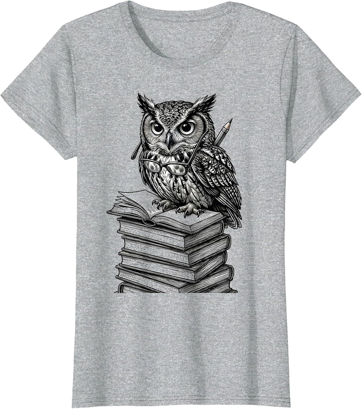 Owl on Stack of Papers English Teacher Gift T-Shirt - Heather Grey