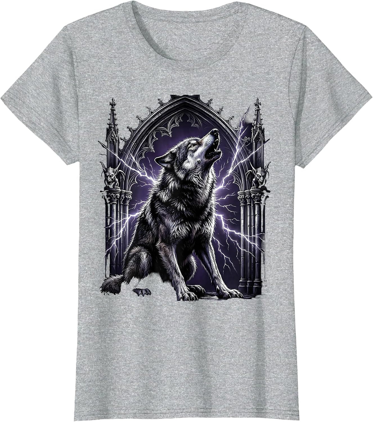 80s Rock Wolf Electric Sparks Howling Graphic T-Shirt - Heather Grey