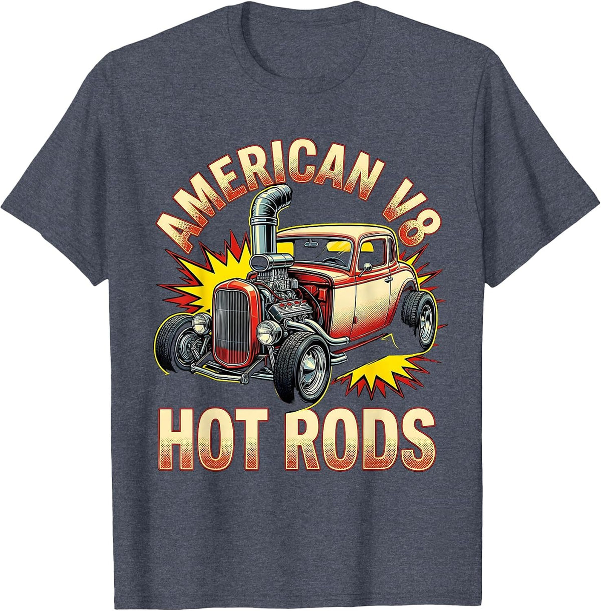 American V8 Hot Rods Pop Art Classic Muscle Car Enthusiast T-Shirt - Heather Blue