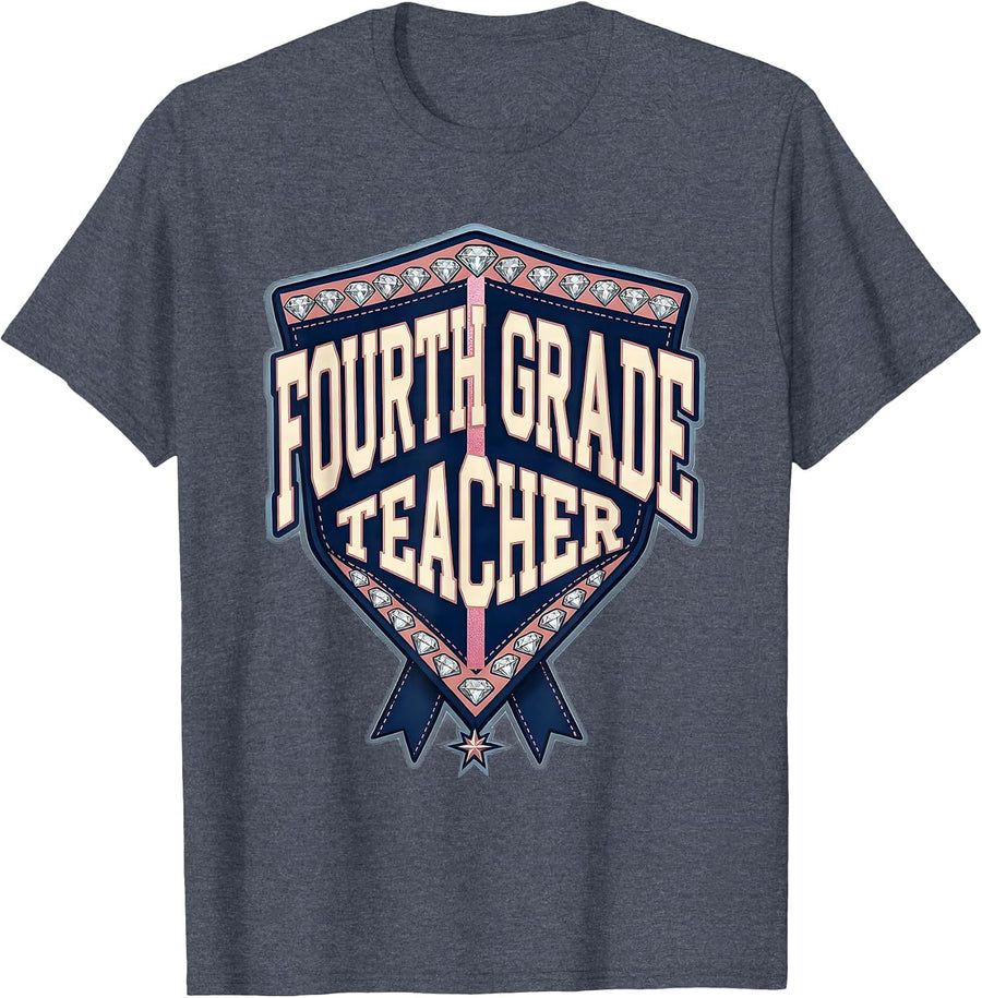 Fourth Grade Teacher Sparkle Varsity Pennant Flag Back T-Shirt - Heather Blue