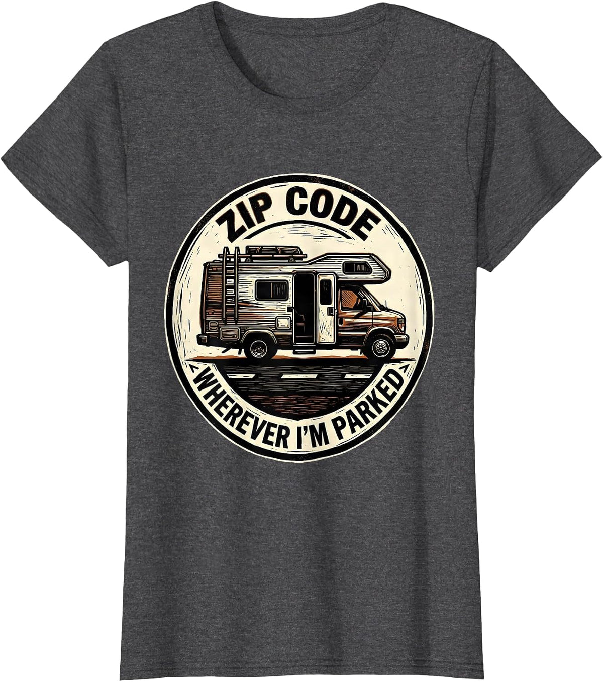 Women's Zip Code: Wherever I'm Parked Vintage Van Life Camper Van T-Shirt - Dark Heather Grey