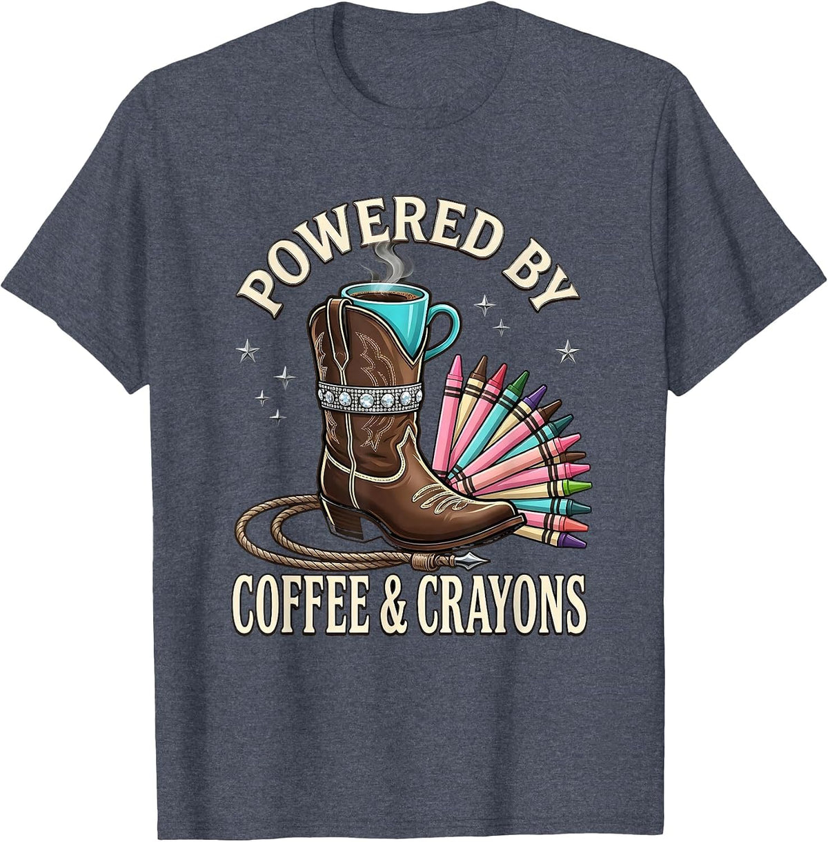 Powered by Coffee and Crayons 4th Grade Teacher T-Shirt - Heather Blue