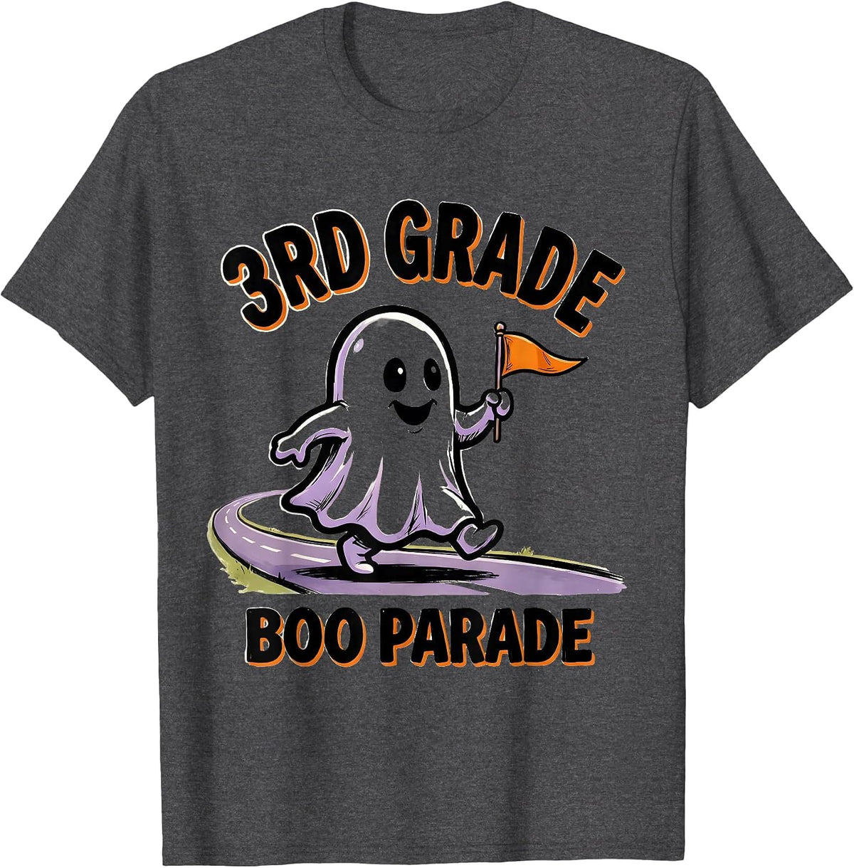 Men's 3rd Grade Boo Parade Cartoon Ghost Halloween Teacher Humor T-Shirt - Dark Heather Grey
