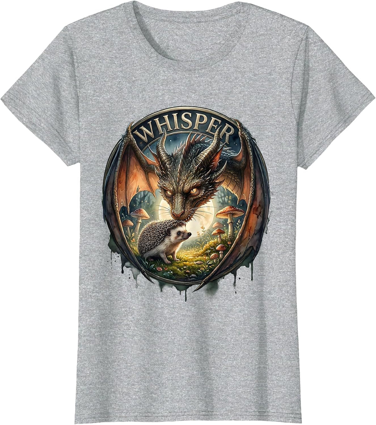 Women's Whisper Watercolor Dragon Cat Nose Boop Full Moon Fantasy T-Shirt - Heather Grey