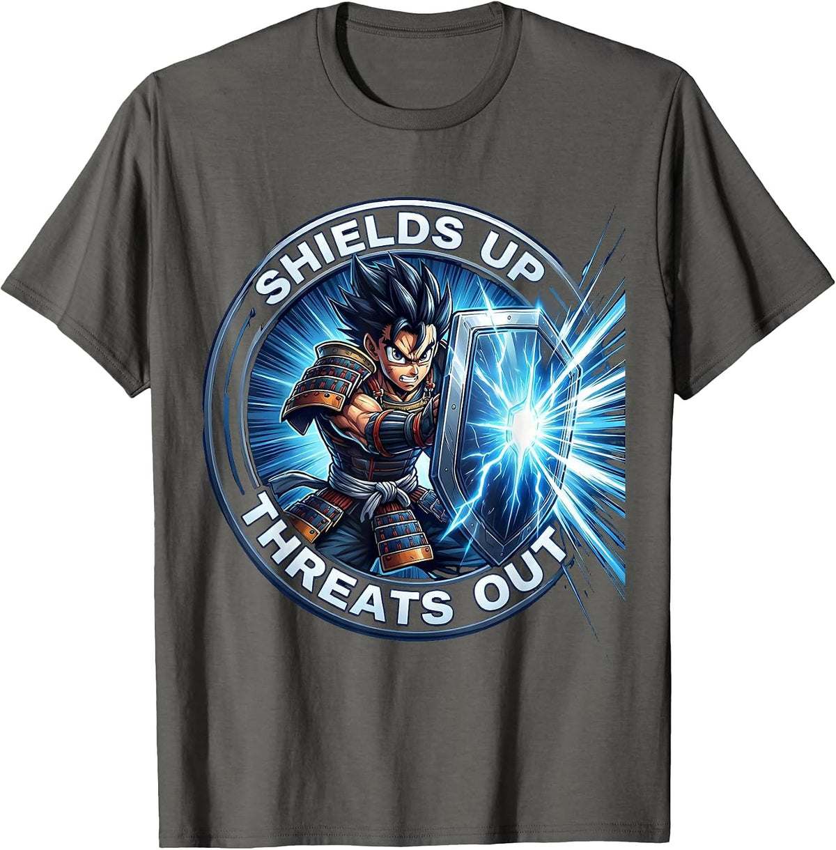 Shields Up Threats Out Cybersecurity Design T-Shirt - Asphalt Grey