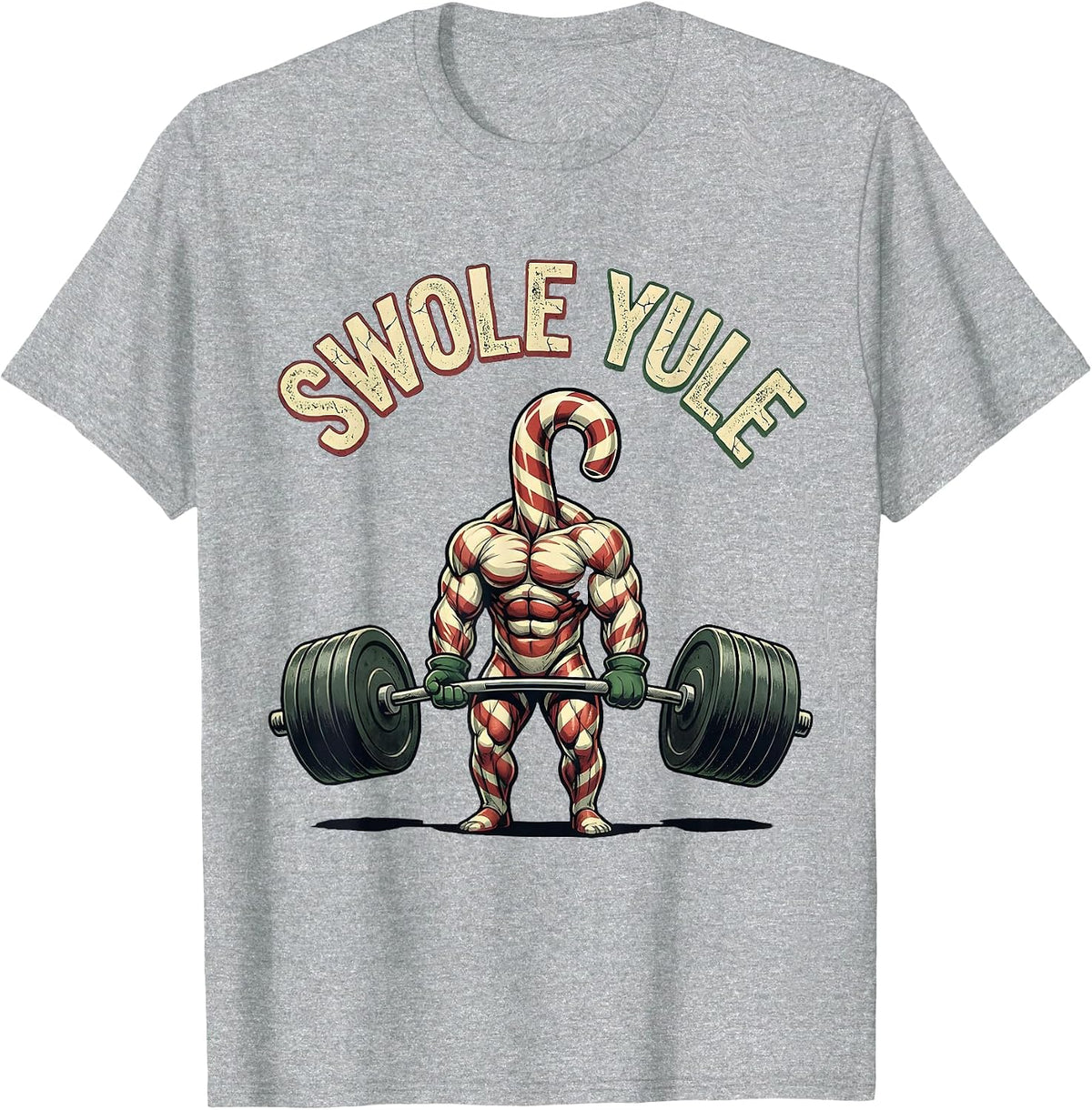 Men's Swole Yule Distressed Funny Christmas Gym Weightlifting T-Shirt - Heather Grey