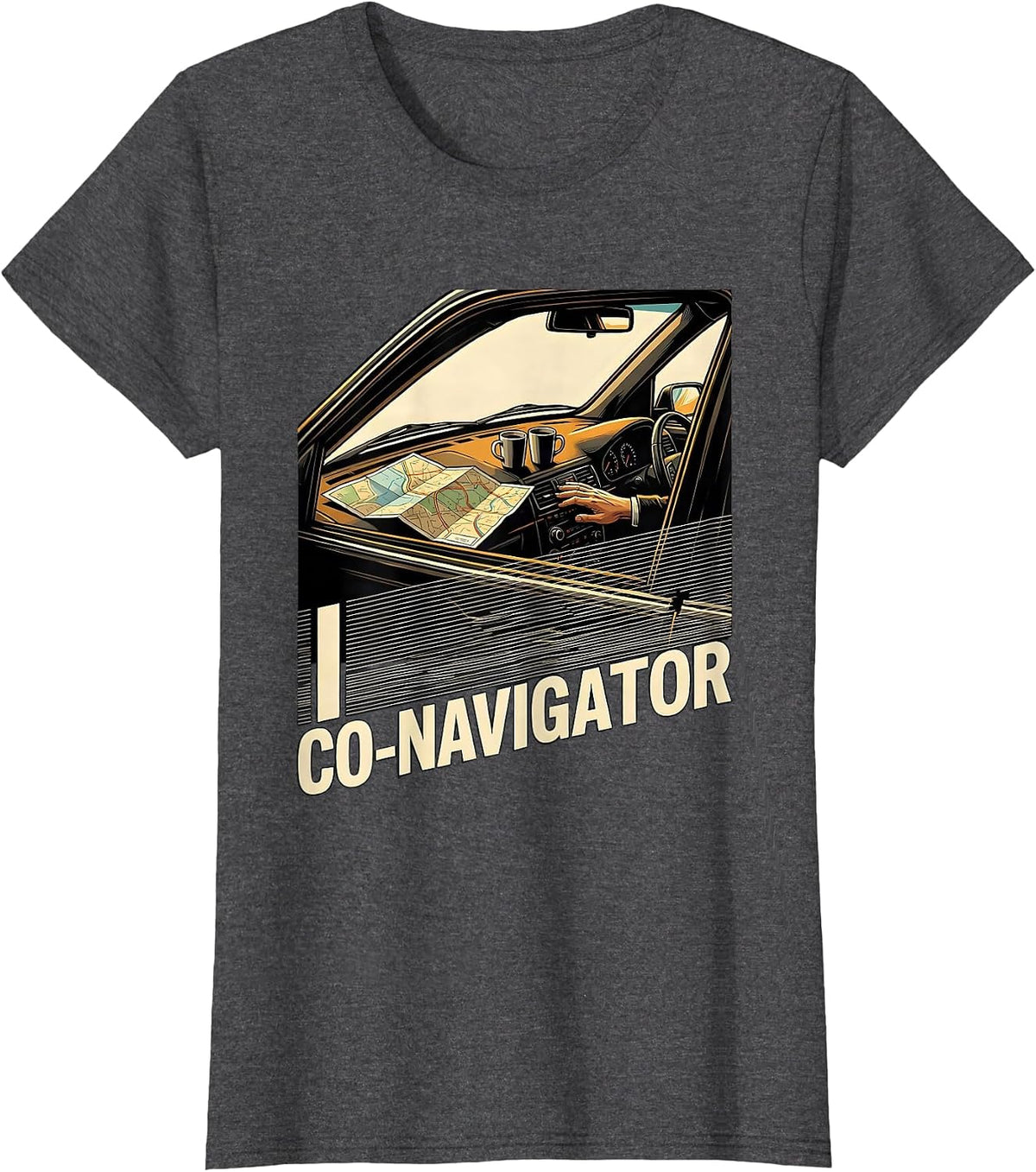 Women's I Co-Navigator New Wave Van Life Camper Nomad Humor T-Shirt - Dark Heather Grey
