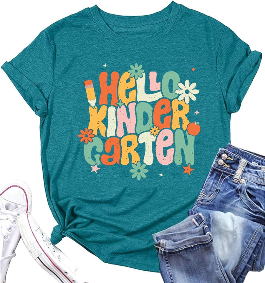 Kindergarten Teacher Shirt Women Hello Kindergarten Shirts First Day of School Tee Tops - Cyan