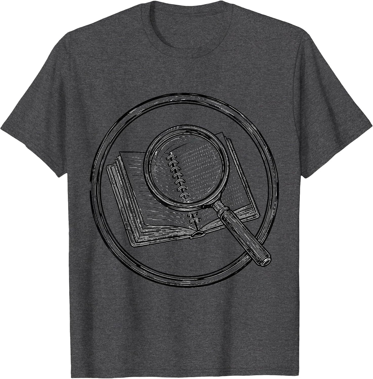 Men's Paraprofessional Magnifying Glass Notebook Graphic T-Shirt - Dark Heather Grey