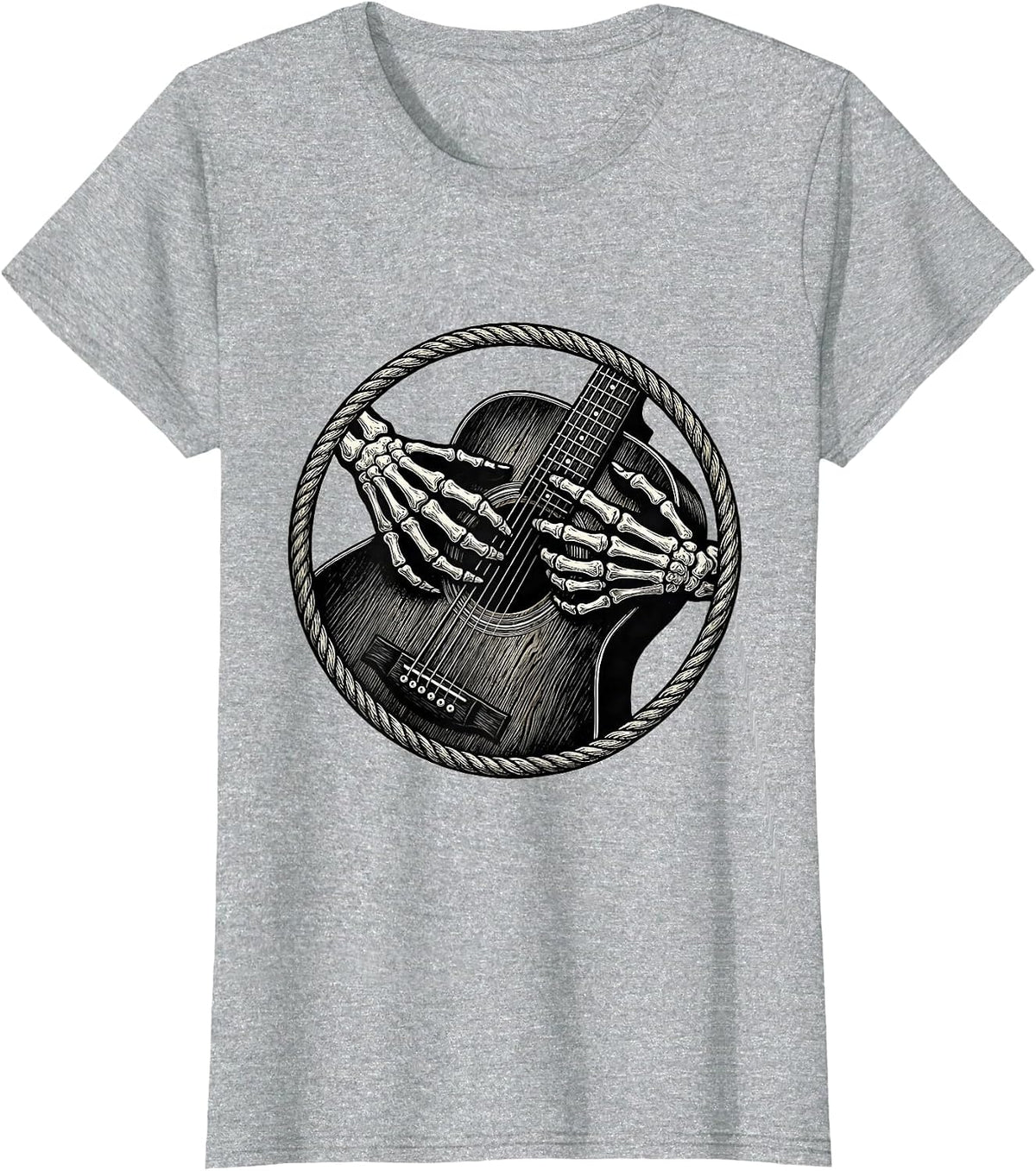 Skeleton Hands Strumming Acoustic Guitar T-Shirt - Heather Grey