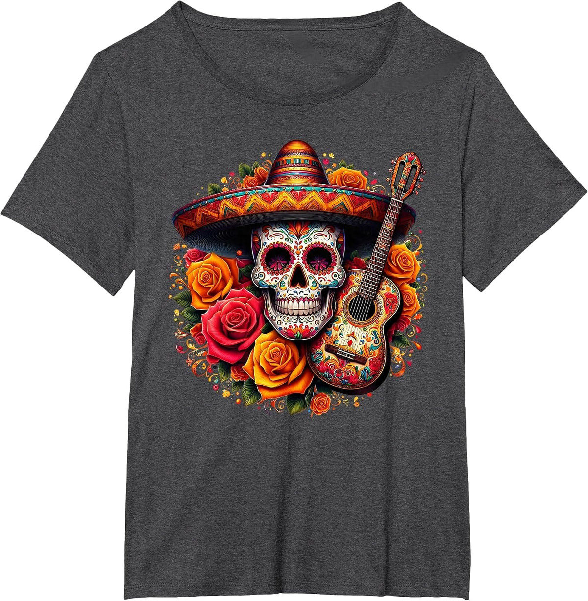 Funny Cinco De Mayo Skeleton Skull Fiesta Sombreros Guitar T-Shirt - Dark Heather Grey