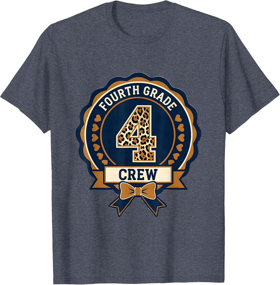 Fourth Grade Crew Leopard Print Teacher Back To School Girls T-Shirt - Heather Blue