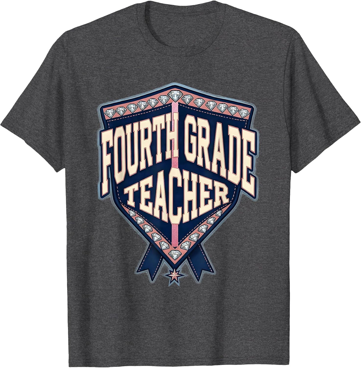 Fourth Grade Teacher Sparkle Varsity Pennant Flag Back T-Shirt - Dark Heather Grey