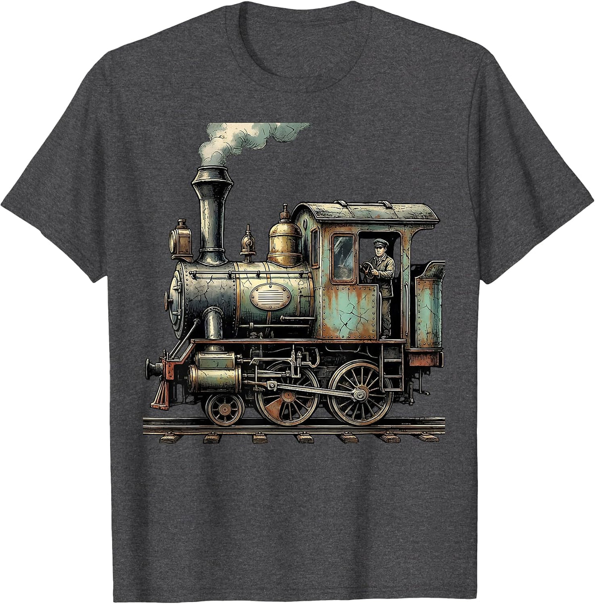 Weathered Steam Locomotive Distressed Train Enthusiast Humor T-Shirt - Dark Heather Grey