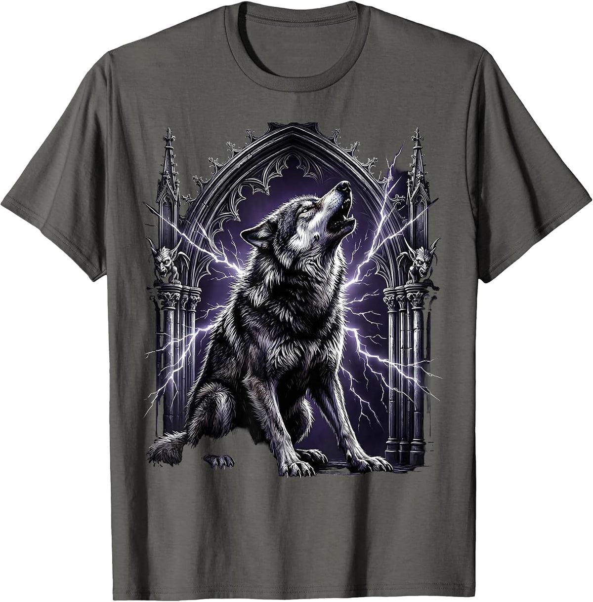 80s Rock Wolf Electric Sparks Howling Graphic T-Shirt - Asphalt Grey