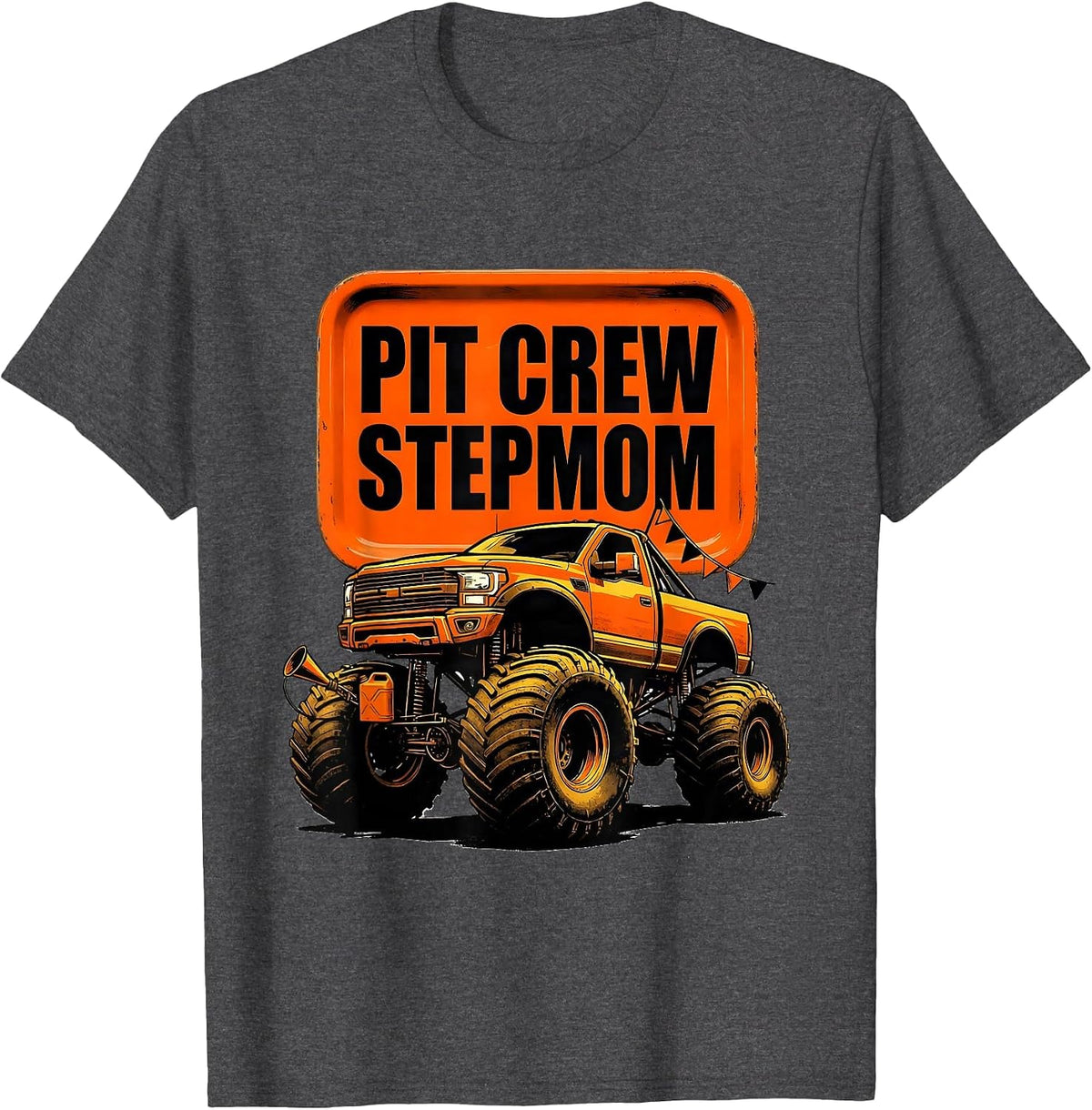Pit Crew Stepmom Monster Truck Family Birthday Matching T-Shirt - Dark Heather Grey