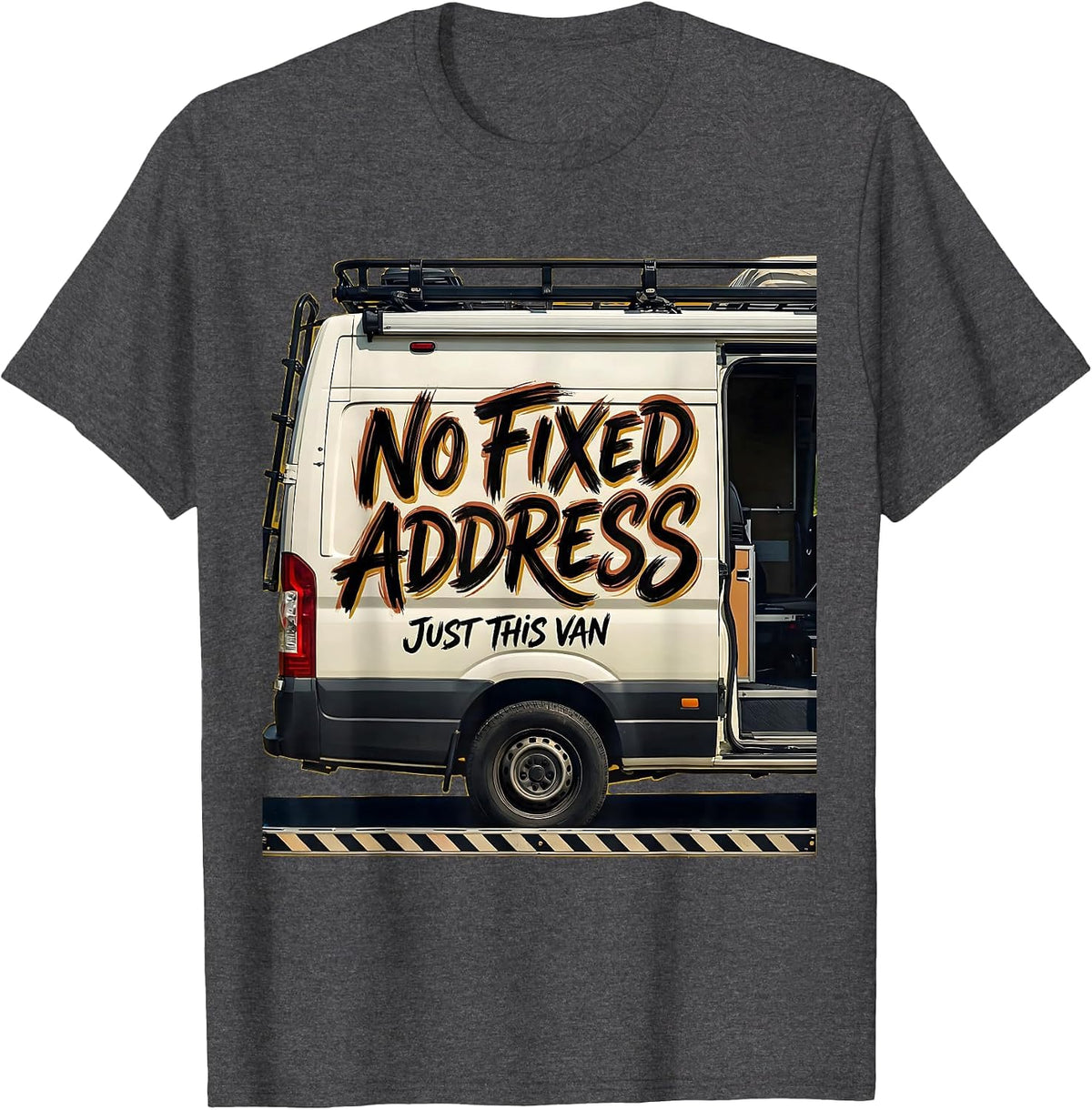 Men's No Fixed Address, Just This Van Vintage Van Life Nomad Road T-Shirt - Dark Heather Grey
