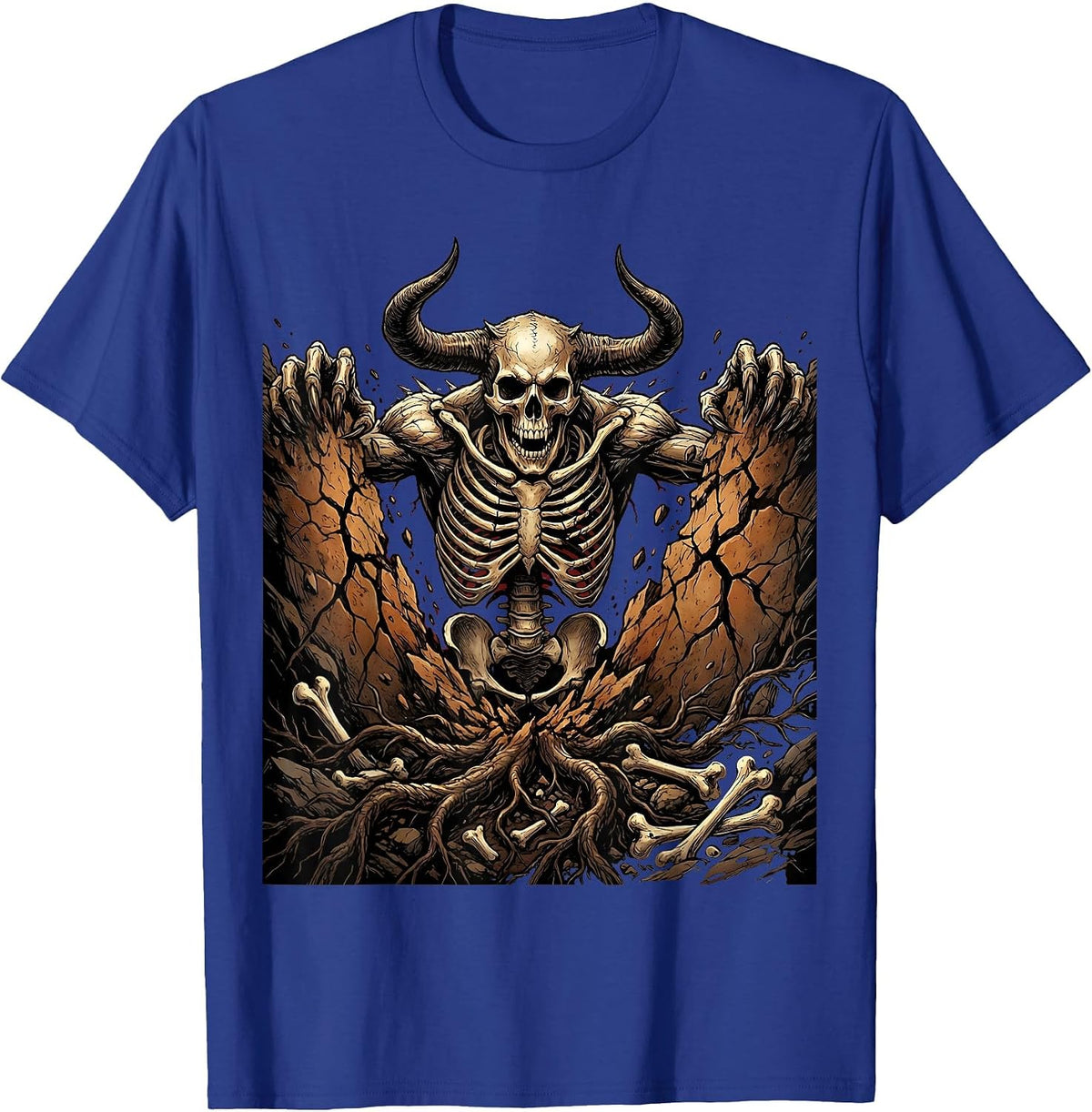 Demon Rising Death Metal Cracked Earth Graphic T-Shirt - Royal Blue